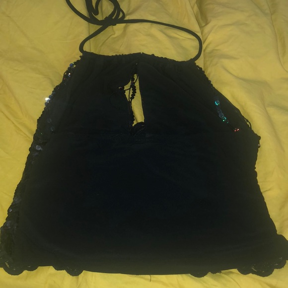 Sequin beaded summer halter top black Sz Small - Picture 6 of 6